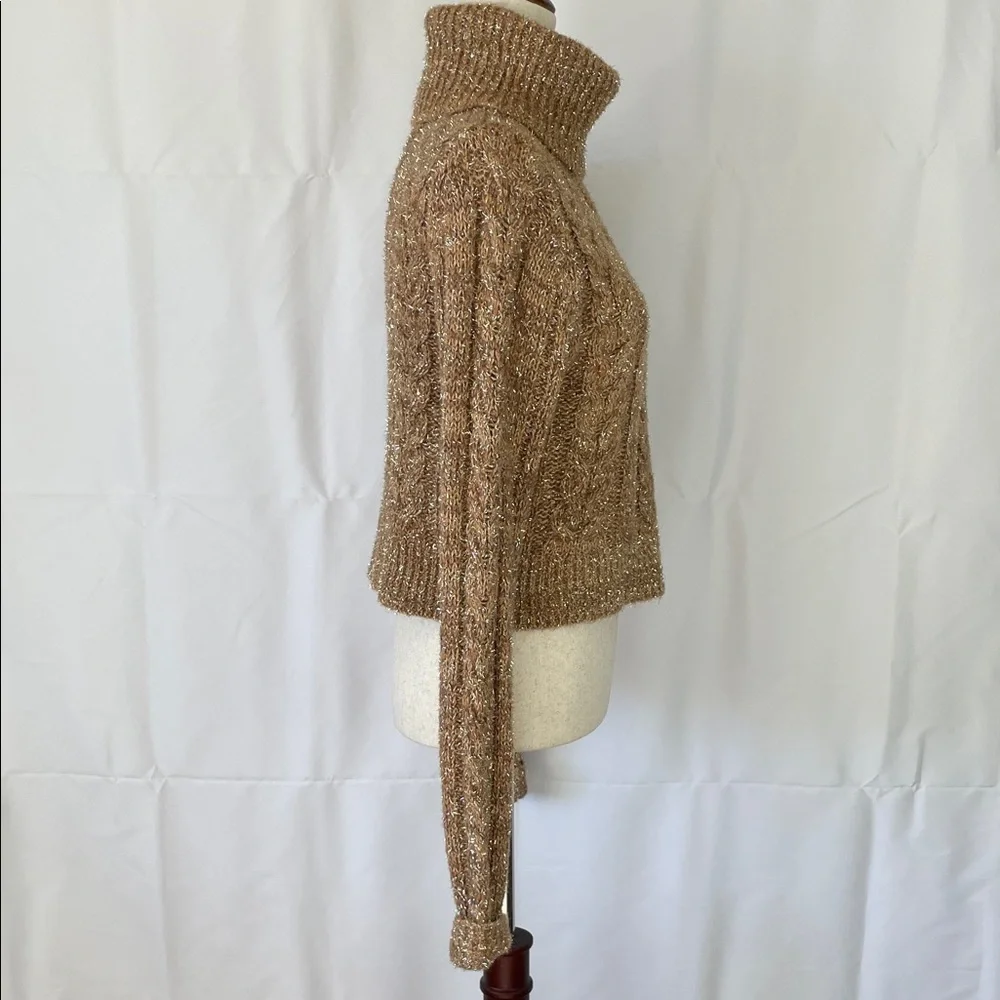 NWT Anthropologie Tan & Silver Tinsel Festive Cowl Neck Cropped Sweater - Medium - Picture 9 of 14